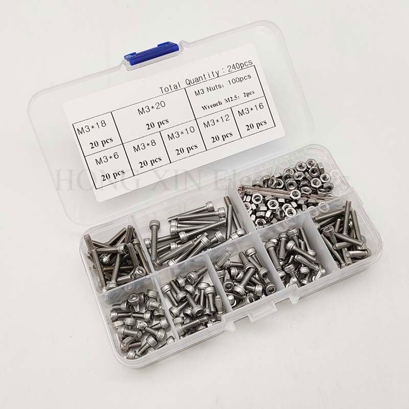 240 stk/set M3 Cap Hoofd Rvs Inbusschroeven Bolt met Hex Noten Assortiment Kit Fasteners met Plastic Doos schroef bolt