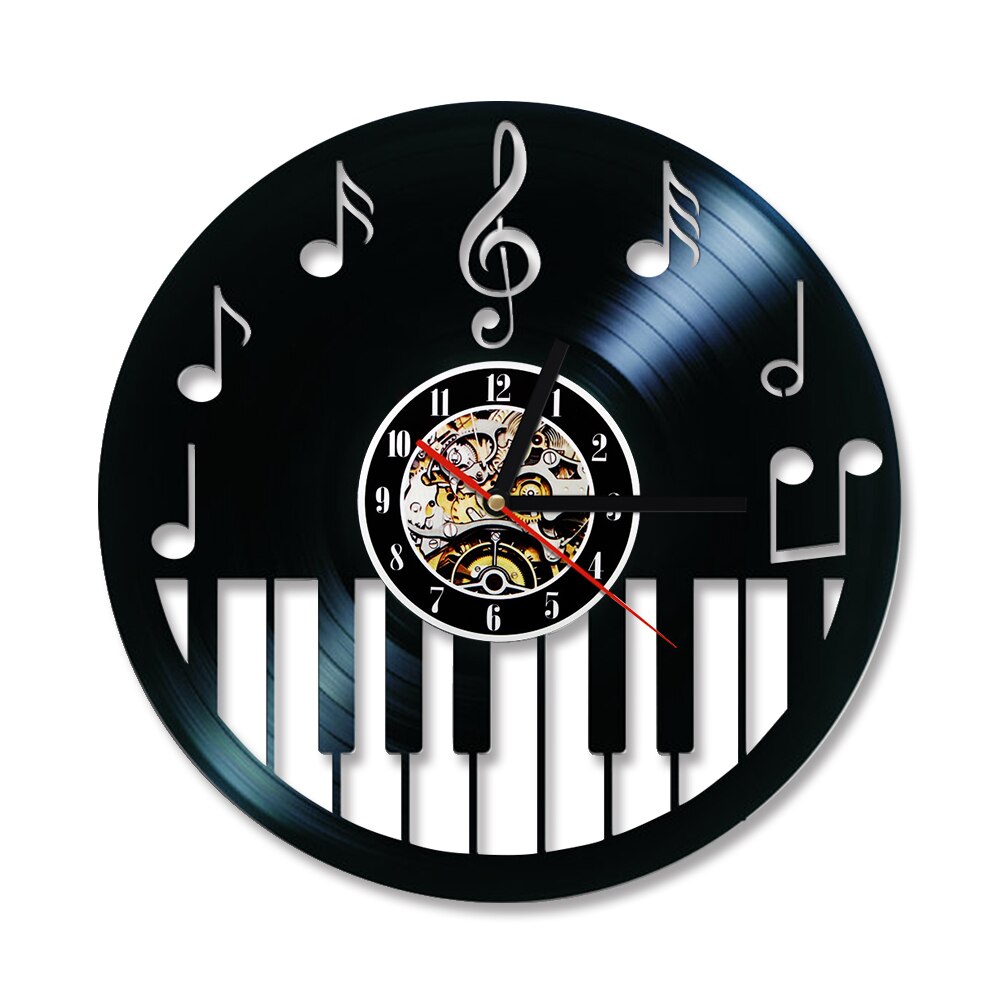 Holle Piano Keybord Vinyl Record Klok Creatieve en Antieke Stijl Zwarte Ronde LED Wandklok Muziek Piano Decor Art Klok: Type 1