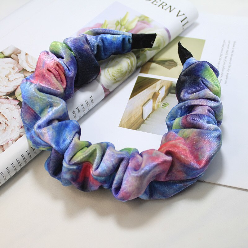 Tie Dye Korean Style Women Girls Bezel Hair Band Headband Hairhoop Velvet Vintage Folds Hair Accessories Headwear