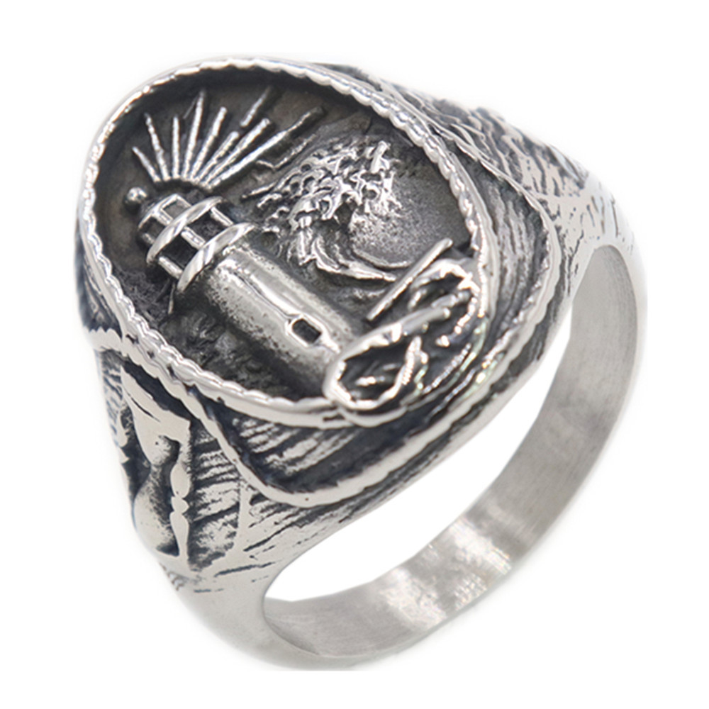 Viking vuurtoren herenring van roestvrij staal in titanium