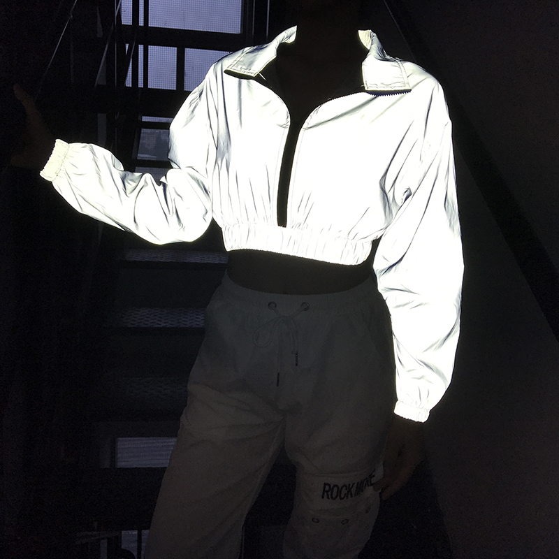 Weekeep streetwewar cropped reflekterende jakke kvinder løs pullover lynlås turn down krave jakker elastisk talje bomber jakke