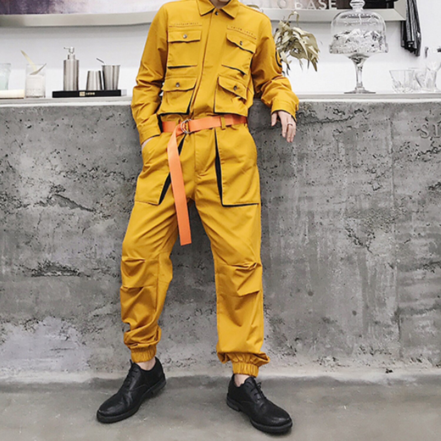 Hip Hop Streetwear Jumpsuit Men Multi Pockets Ribbons Cargo Pants Long Sleeve Rompers Joggers Techwear: XL / Yellow