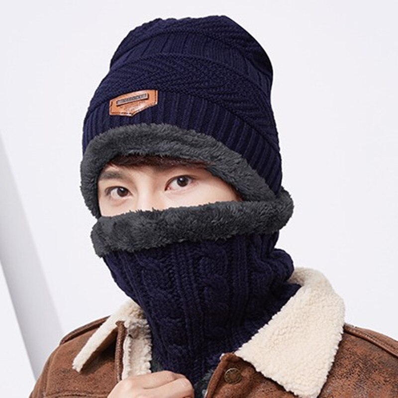 SILOQIN Winter Men's Beanie Hat Plus Velvet Thick Windproof Warm Scarf Knitted Wool Hats For Men Multipurpose Collar Earmuff Cap