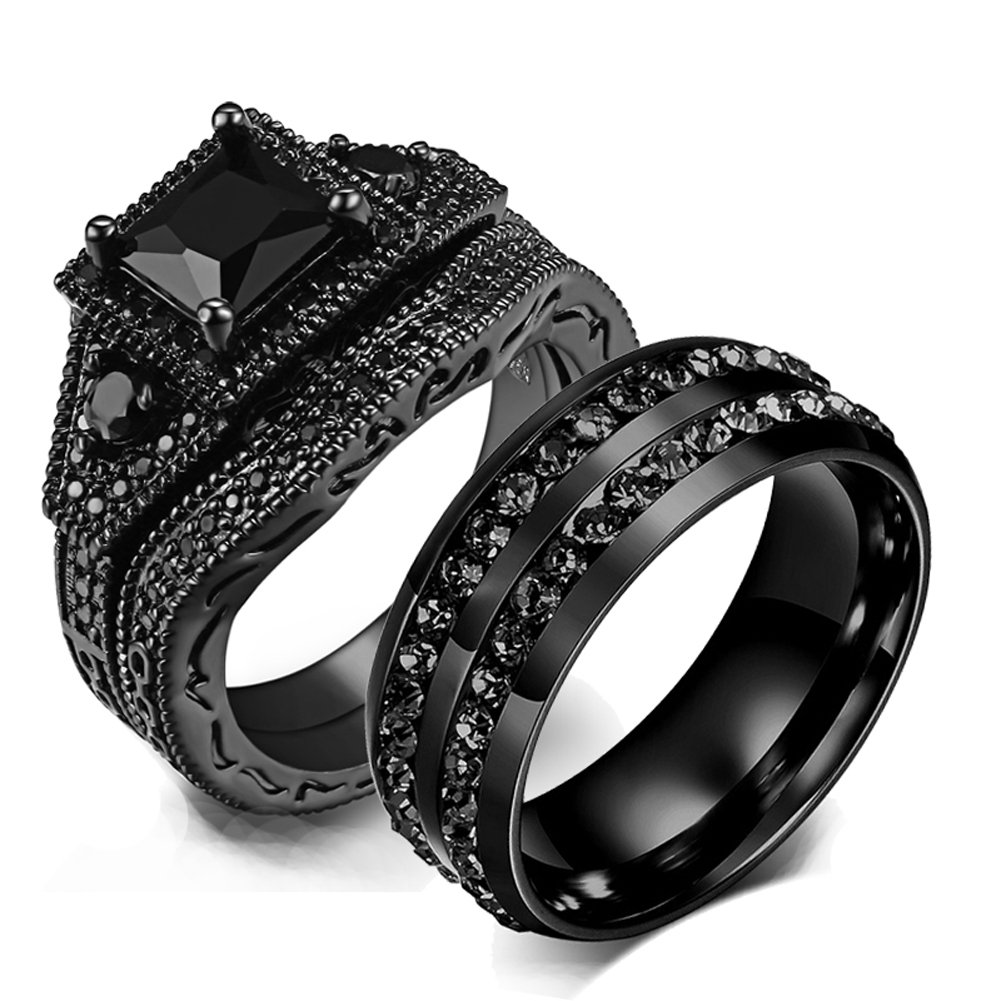 Anillos de pareja con dijes, conjunto de anillos románticos con diamantes de imitación negros para mujer, anillo de acero inoxidable con piedra CZ negra de dos filas para hombre, joyería de boda