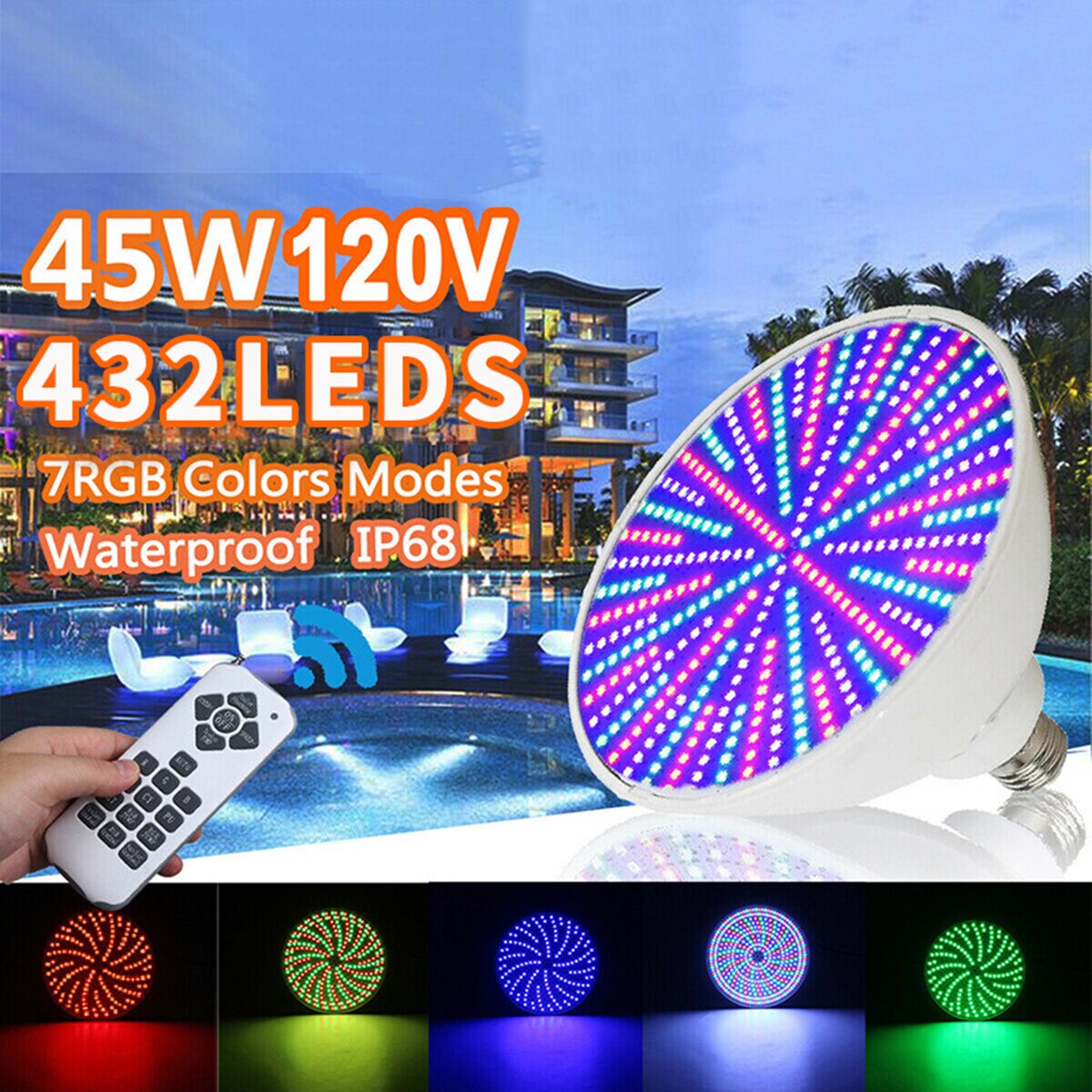 120V 45W Zwembad Licht E26 E27 Waterdichte 7-Kleur Onderwater Lamp Met Afstandsbediening