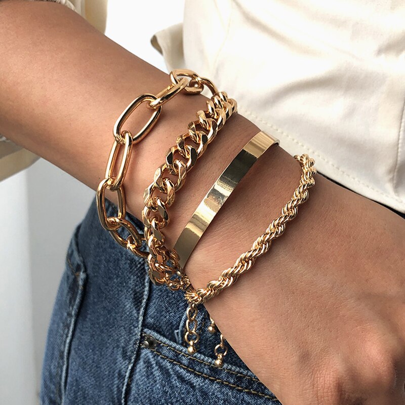 Punk 4Pcs/Set Cuban Link Chain Bracelets Set for Women Thicken Boho Miami Gold Color Bracelets Bangles for Lovers Jewelry Charm