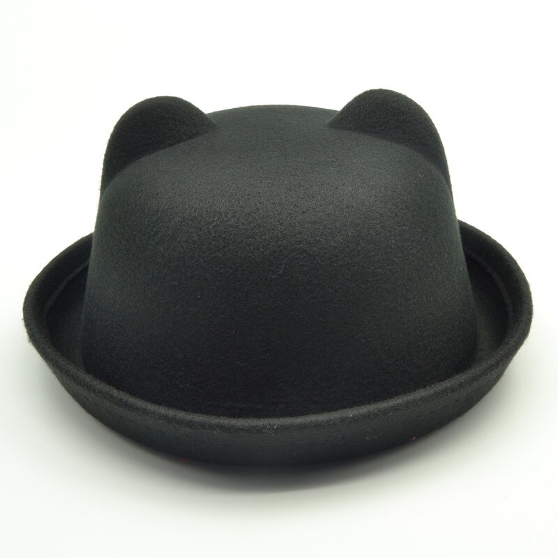 Cute child bowler hat wool felt Fedora hats for Women Girls Children solid Cat Ear formal cap trilby Sombrero Derby: black