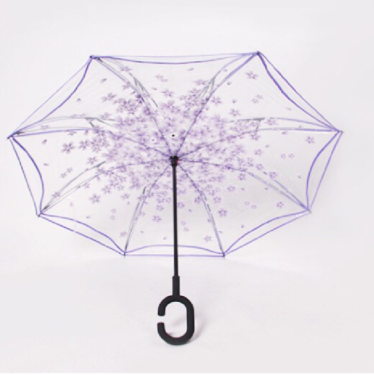 Parapluie Transparent inversé Sakura pour femmes, Double couche, poignée en C, coupe-vent, parapluie pliable, équipement de pluie: Purple