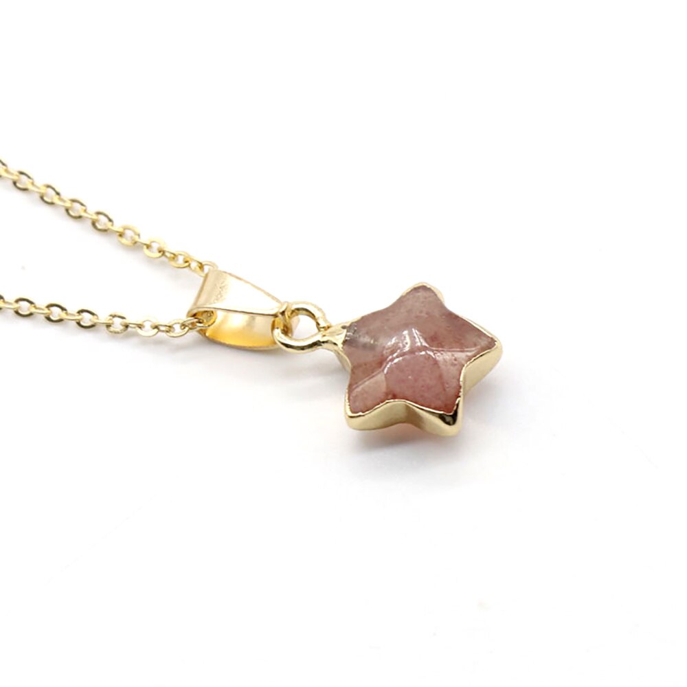 Natural Stone Rose Quartz Jade Gilt Pentagram Pendant Necklace Clavicle Chain For Jewelry MakingDIY Accessory Gem Charms Gift1PC: Strawberry crystal