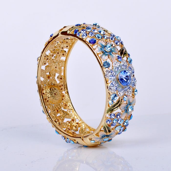 Cloisonné Bracelet - 18KGP Women's Jewelry - Double-Sided Crystal Flower - Full Circle Trendy Bangle