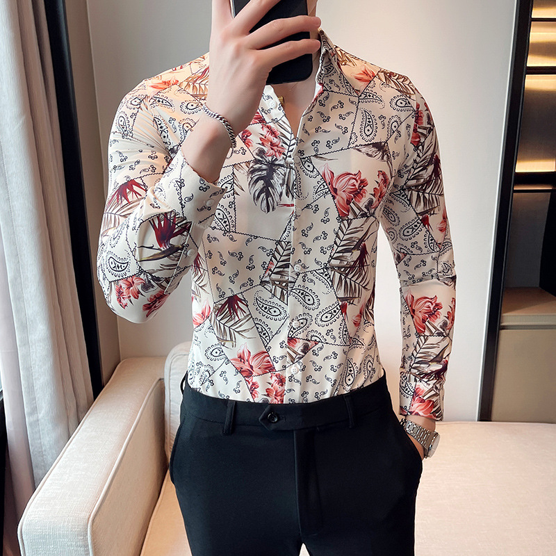 Plus Size 4XL-M Printed Shirts Brand Clothing Men Social Tuxedo Slim Long Sleeve Baroque Slim Party Shirt
