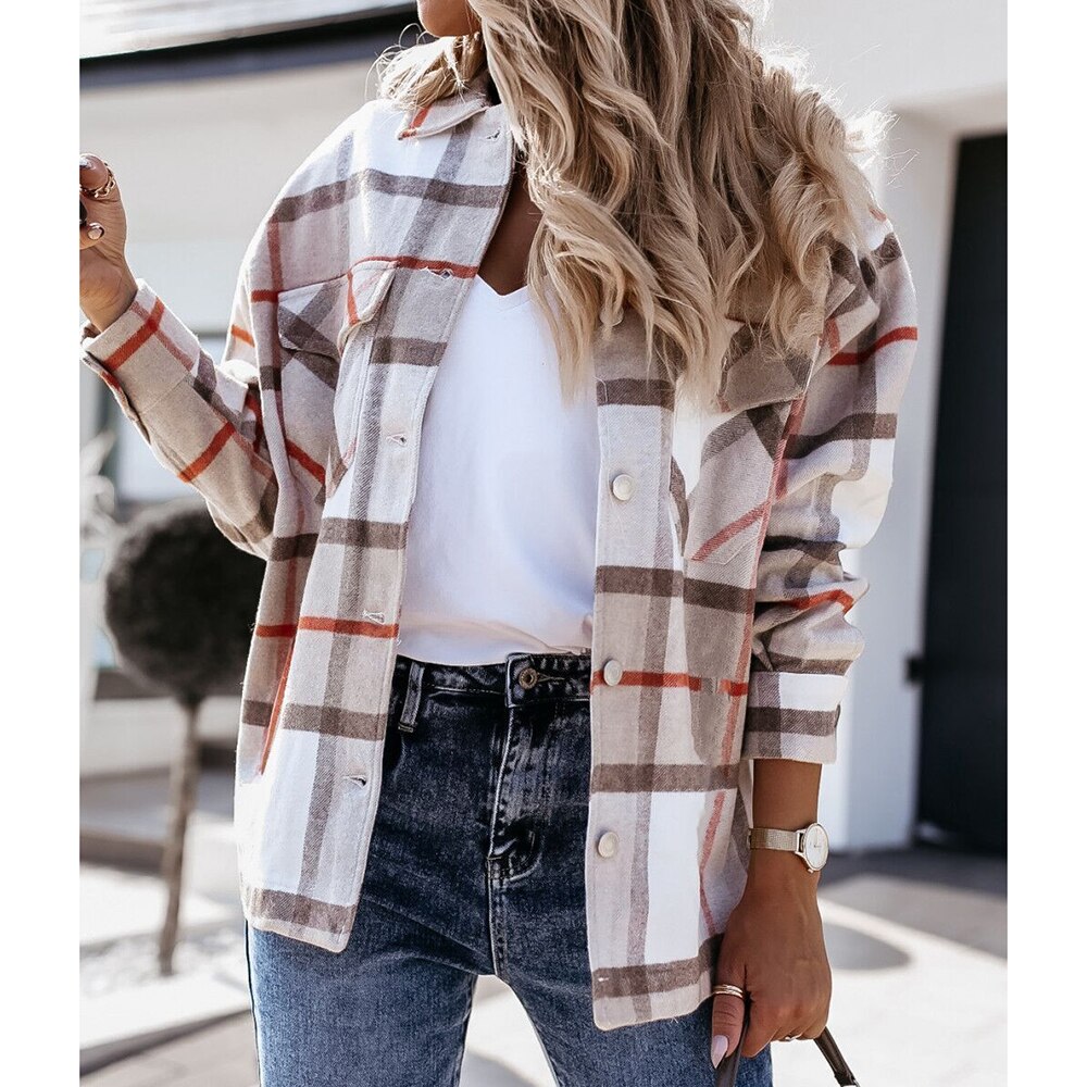 Winter Khaki Plaid Jacket Coat Women Streetwear Long Leeve Thick Wool Coat Pocket Oversized Lapel Autumn Shirts Coats