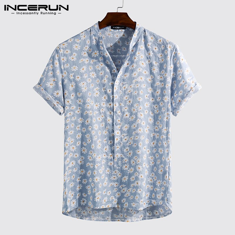 hommes fleur imprimé chemise à manches courtes col rabattu chemise décontracté boutons amples Blouse homme été hawaïen hauts grande taille: Blue / XXL
