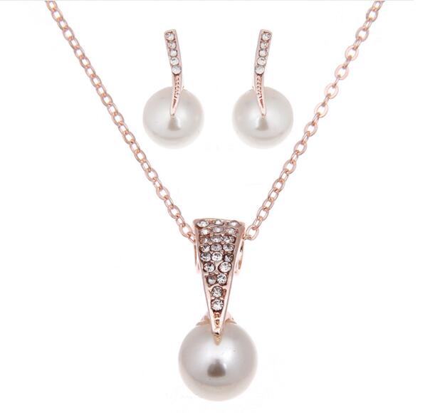 n480 Women Jewelry Set Crystal Simple Alloy Imitation Pearls Necklace Earrings Wedding Jewelry Set