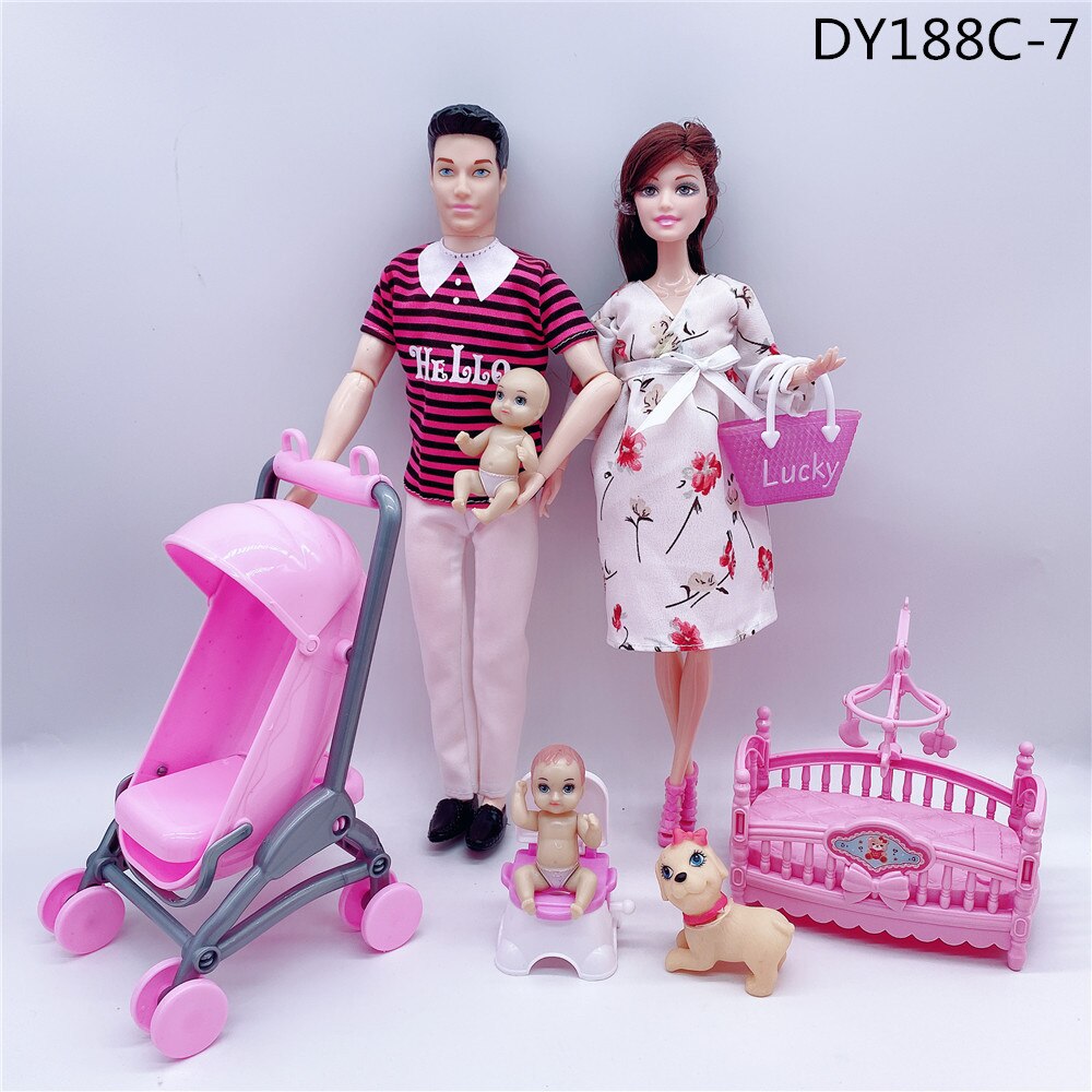 Fashionable 11.5”/30CM male doll + pregnant woman doll dress/small stroller/baby bed/children and girls toys accessories: Orange