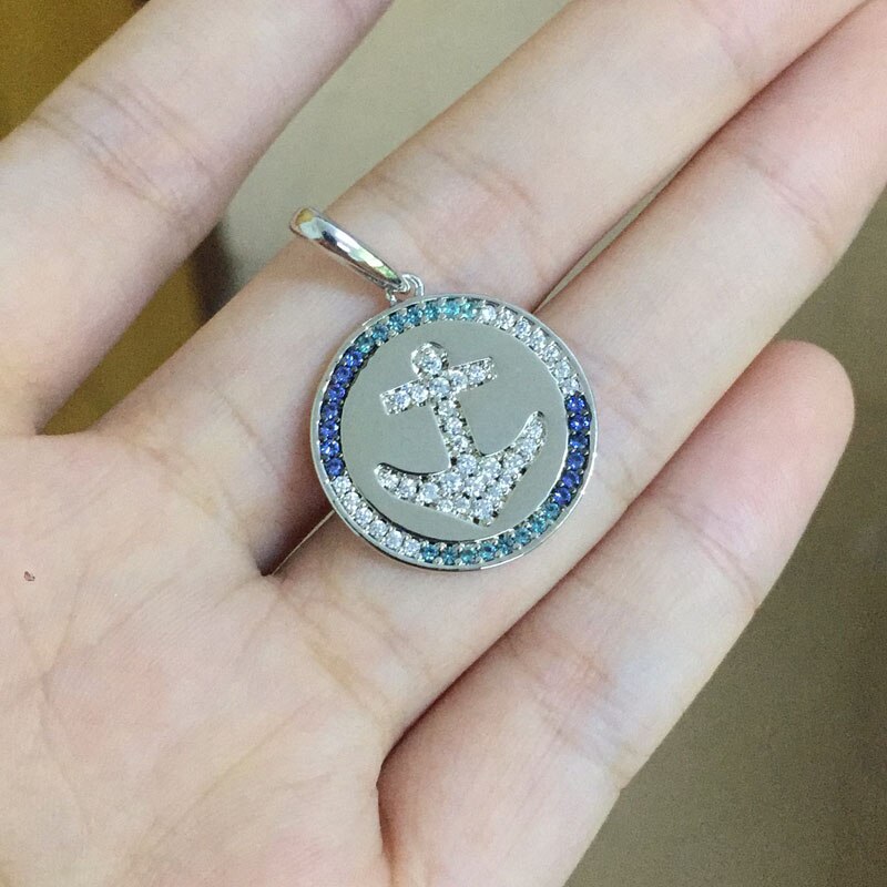 SLJELY Real 925 Sterling Silver Navy Blue & Lagoon Anchor Medal Clipping Charm Pendant Pave Zirconia Women Brand Jewelry