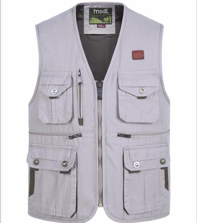 Gilet de photographe en coton multi-poches pour hommes, gilet de randonnée en plein air, gilet de pêche, grande taille, veste sans manches: grey / 4XL