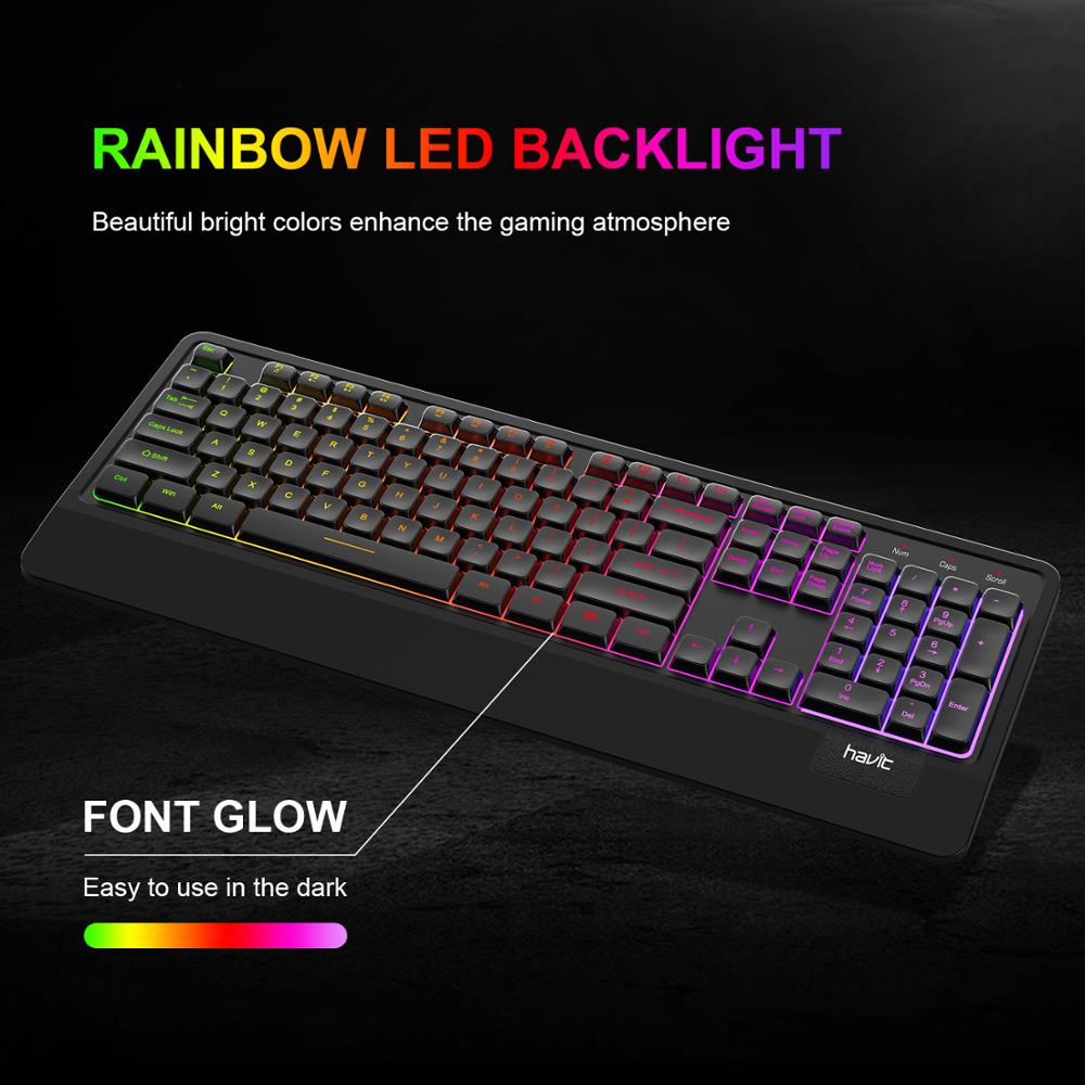 Havit USB Quiet Backlit Computer Keyboard LED Gaming Keyboards Wrist Rest 104 Keys for Office PC Desktop Laptop Wired Keyboard