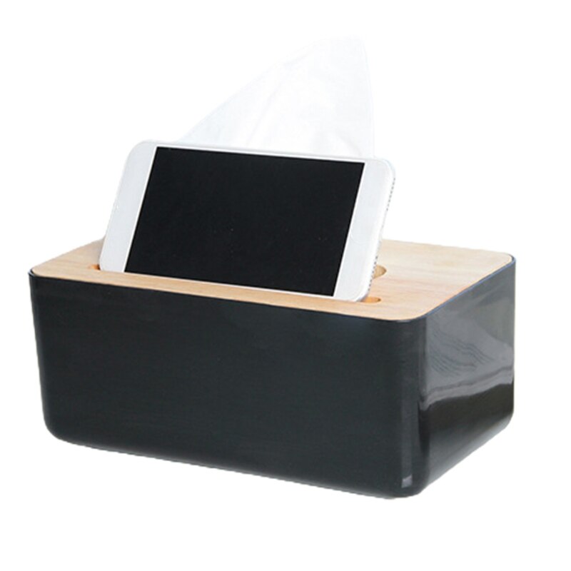Oak Tissue Box Tissues Storage Container Mobile Phone Holder: Black