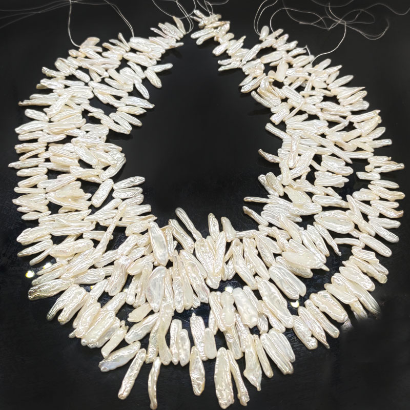 16 inches 12-20mm Side Drilled Natural White Stick Shaped Baroque Biwa Pearl Loose Strand
