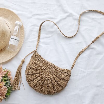 Women small Semicircle Tassel Knitting Straw bag Summer Travel Rattan Tote Knitted Hand Bag Girls Shoulder Tote Keys Coin bag: brown