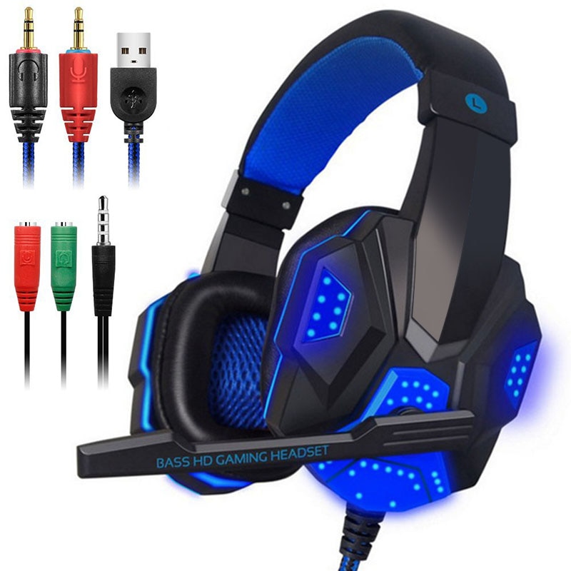 Gaming Headset with Mic and LED Light for Laptop Computer 3.5mm Wired Noise Isolation Volume Control Gaming Headphone