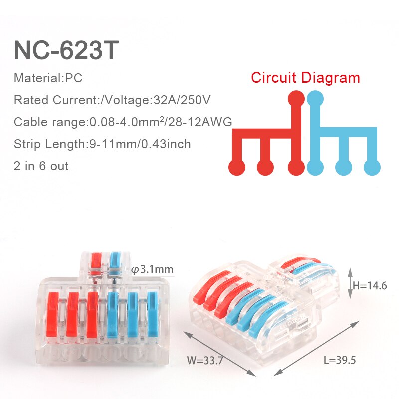 1Pcs Spl Quick Wire Connector Dirigent Bedrading Terminals Voor Thuis Elektrische Led Light Splitter Splicing Connectors: NC-623T