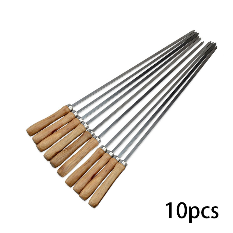 Pinchos planos para barbacoa de madera de 16,5 pulgadas y 42cm, pinchos para barbacoa, aguja con mango de madera, tenedor largo para barbacoa, pinchos para carne, accesorios para barbacoa de acero inoxidable: 10 Pieces