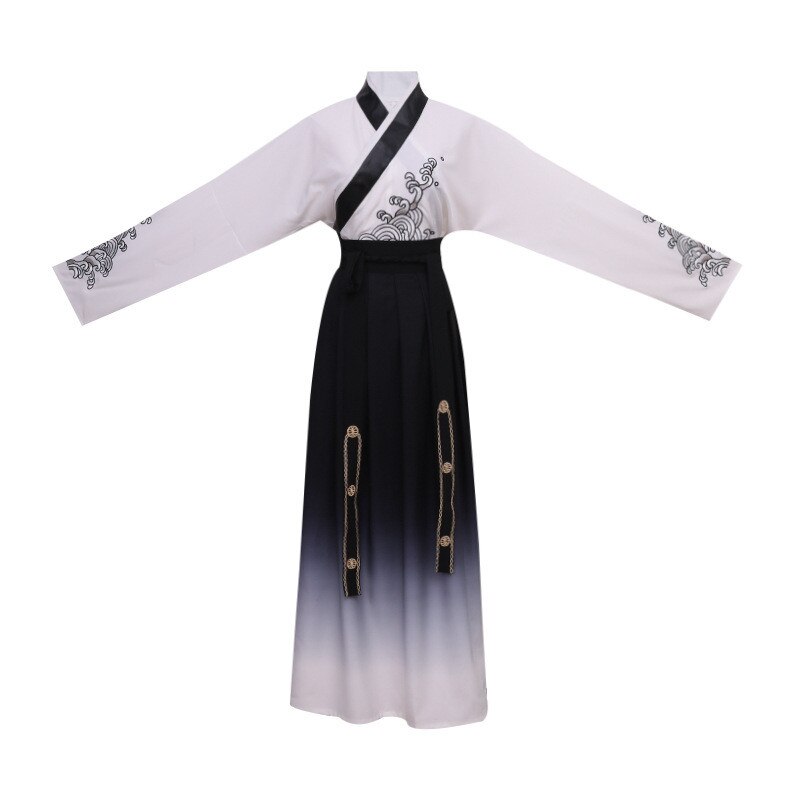 Abiti da uomo tradizionali cinesi orientali Hanfu gradiente nero ricamo antico popolare palcoscenico completo da uomo spadaccino costume vestito: 3XL