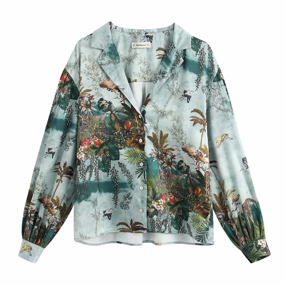 Blusa estilo vintage con estampado de tinta con estampado de hojas de animales, blusa de manga larga para mujer, blusas tipo kimono para mujer LS6366: XS