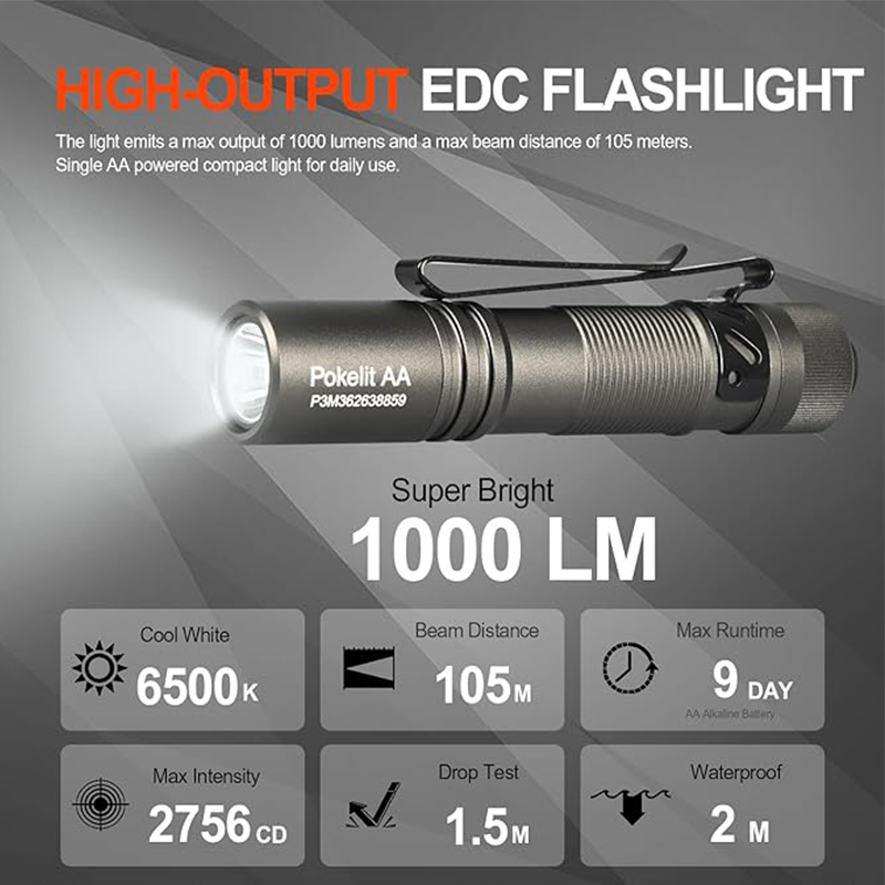ACEBEAM Pokelit AA EDC linterna 1000 lúmenes USB-C recargable 14500 batte IP68 linterna LED de bolsillo pequeña para transporte diario