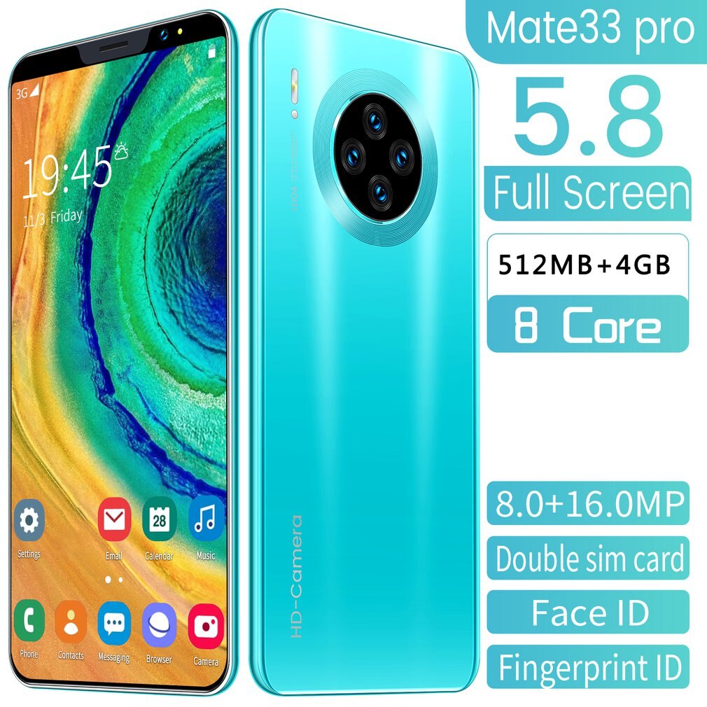 5.8 Inch Screen Mate33 Pro Smartphone with 512M+4GGB Large Memory Support Face/Fingerprint Unlock Dual SIM Mobile Phones: green / American