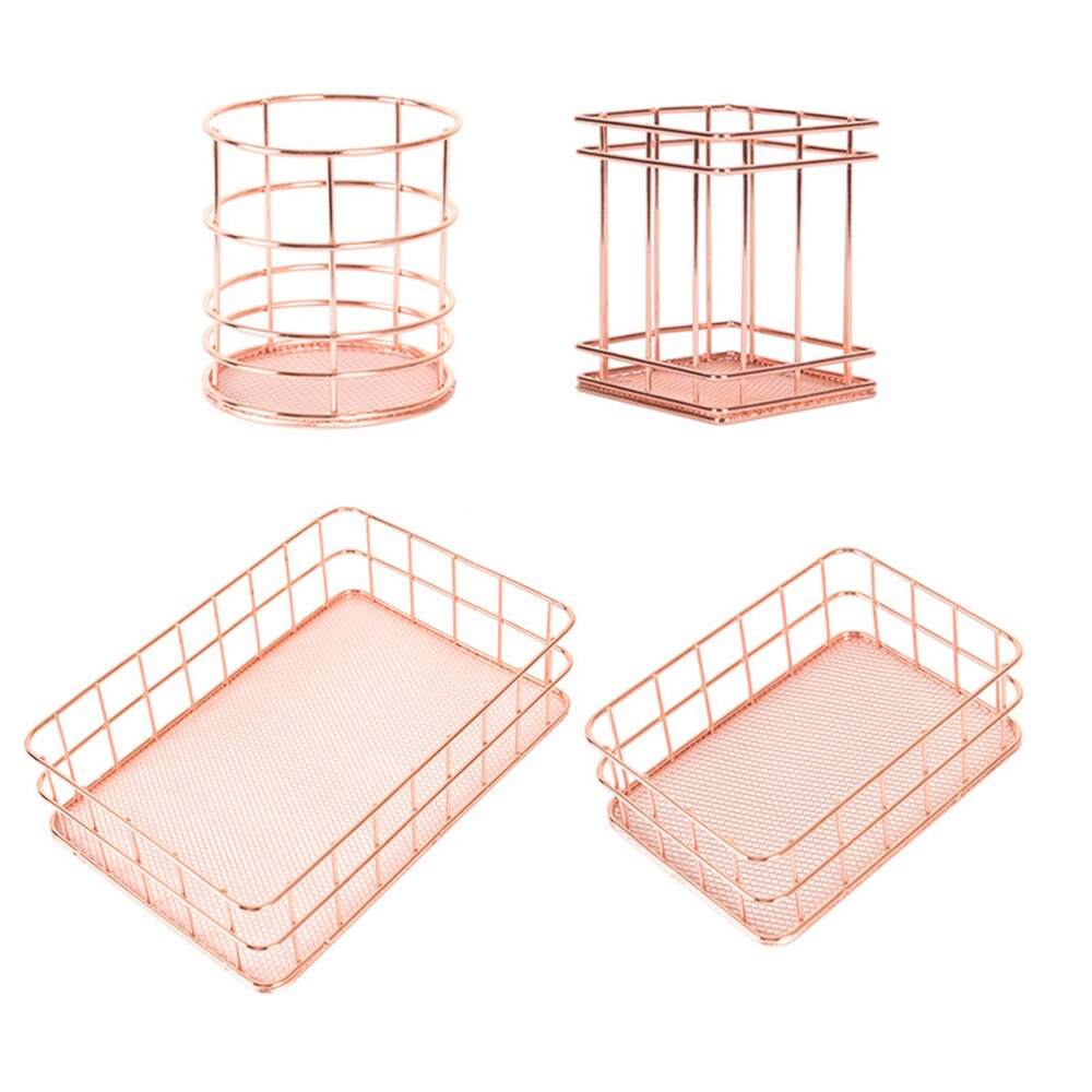 Nordic Rose Gold Metal Wire Iron Storage Basket Office Desktop Sundries Makeup Brushes Holder Table Cosmetics Organizer Rack