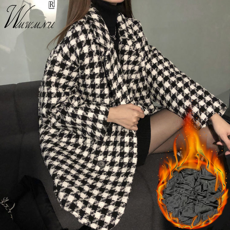 Casacos de inverno Vintage Houndstooth feminino, sobretudo com mistura de lã solta, peito duplo, jaqueta grossa luxuosa, quente, outono