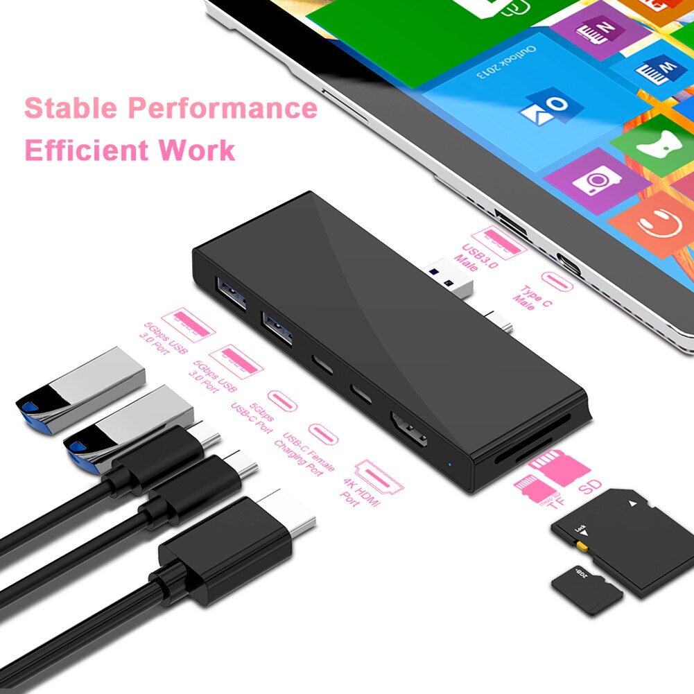 Adaptador convertidor 7 en 2 para icrosoft Surface Pro 7 4K HDMI 5Gbps 2 USB 3,0 60W 2 tipo-c PD SD, lector de tarjeta de memoria TF