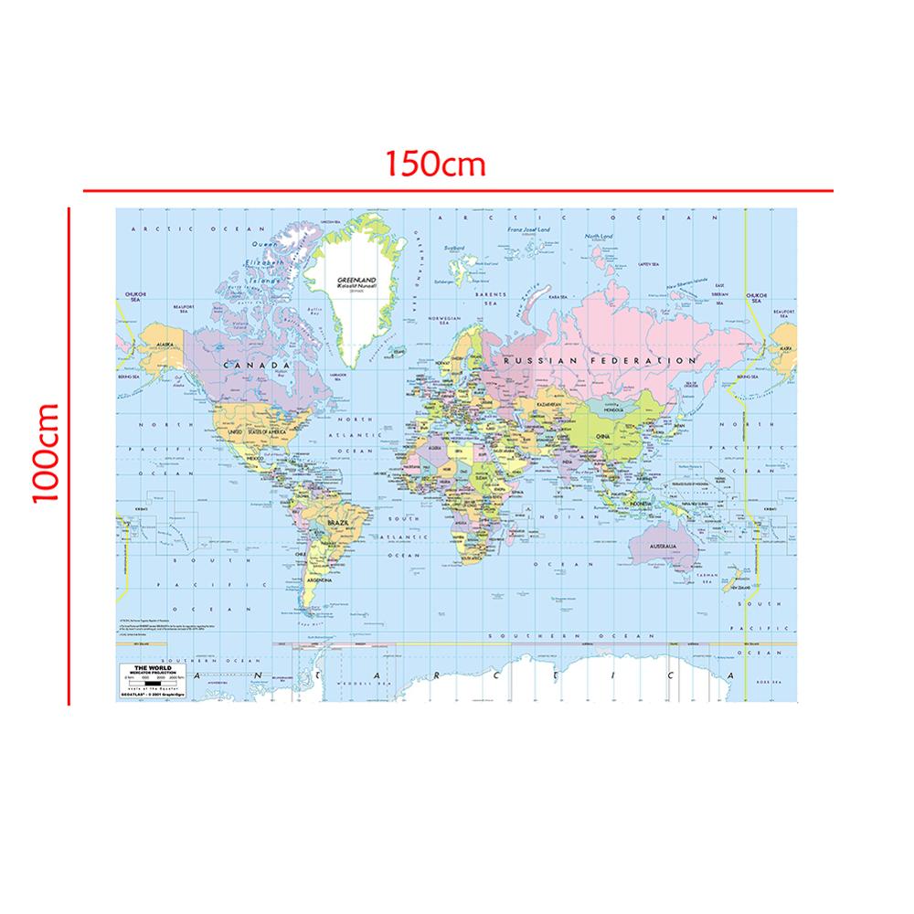 150X100 Cm Wereldkaart Mercator Projectie Met Rivier Bijschrift Non-woven Opvouwbare Wereldkaart Zonder Nationale Vlag