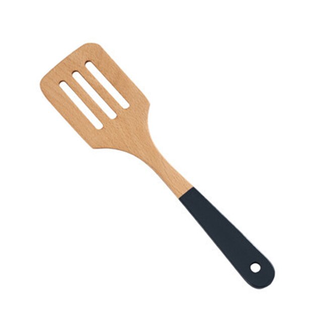 Ustensile de cuisine en bois naturel, anti-rayures, spatule de cuisine en hêtre, cuillère à Long manche, outils de cuisine,: Frying spatula 02