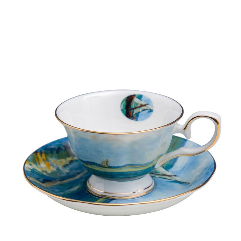 Juegos de té exquisitos pintados, tazas y platos de café Van Gogh, cerámica y negocios: Blanco