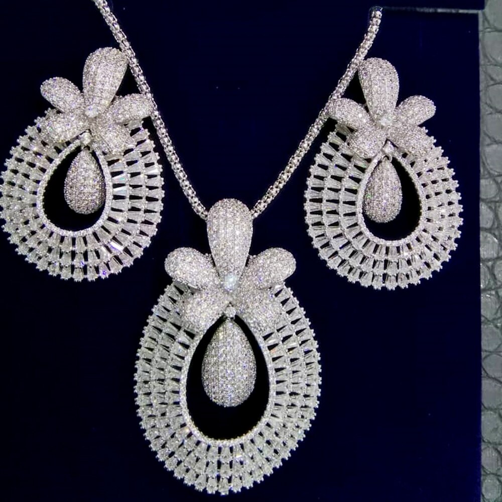 GODKI, gran corona de flores de lujo a la , conjunto de joyería para mujer, de boda, repleto de circonita Dubai, conjunto de joyería nupcial: Silver