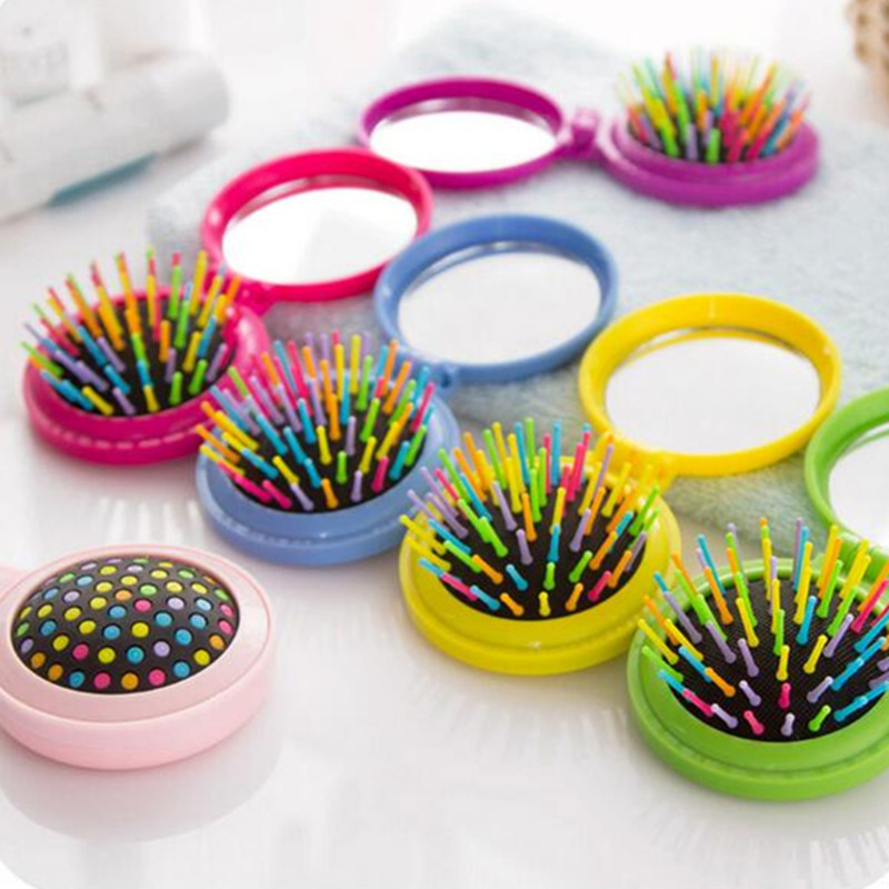 Peine plegable portátil de bolsillo redondo para niña, peine de masaje de viaje de tamaño pequeño, cepillo para el pelo con espejo, herramientas de estilismo, 7 colores, TSLM1