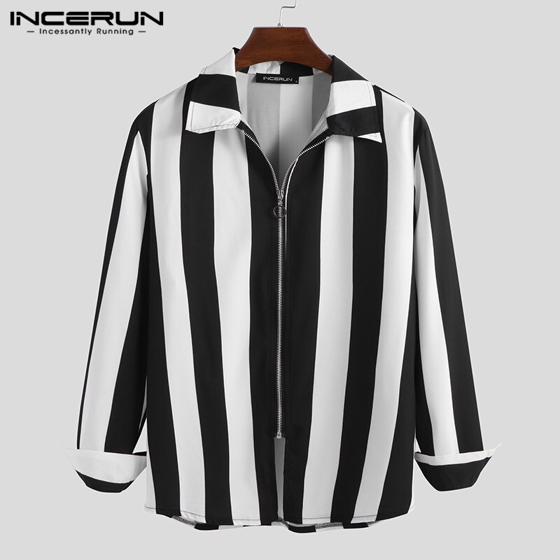 Stribede skjorter herre langærmede turn-down krave lynlåse streetwear stilfulde slim fit toppe chic camisa herre skjorte incerun 5xl: Sort / M