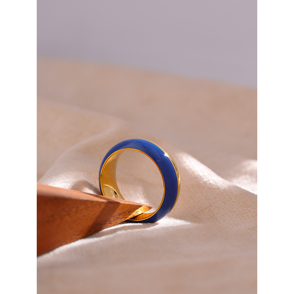 Yhpup rustfritt stål blå emaljering til kvinner trendy metall rund fingerring vanntette smykker bague acier inoxydable