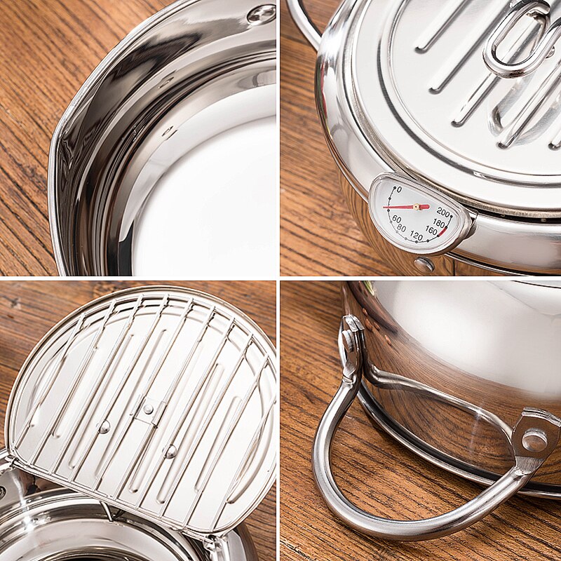Kitchen Deep Frying Pot Thicken Thermometre Tempura Fryer Pan Temperature Control Fried Chicken Pot Cooking Tool Stainless Steel