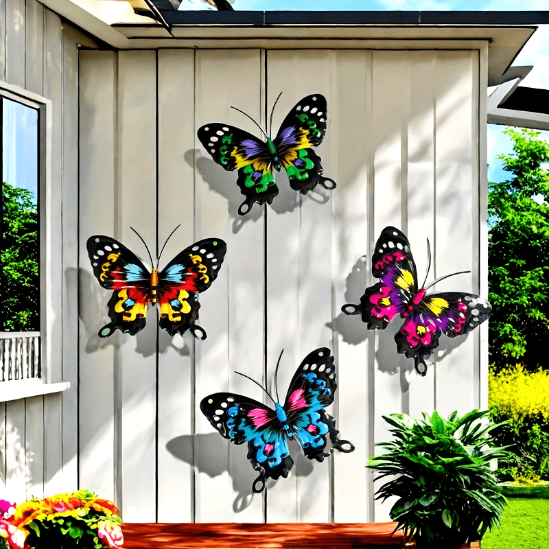 4-pack kleurrijke metalen vlinder kunst aan de muur - ijzeren slinger decor voor tuin, yar balkon buiten hek kunst decoratie ideaal cadeau