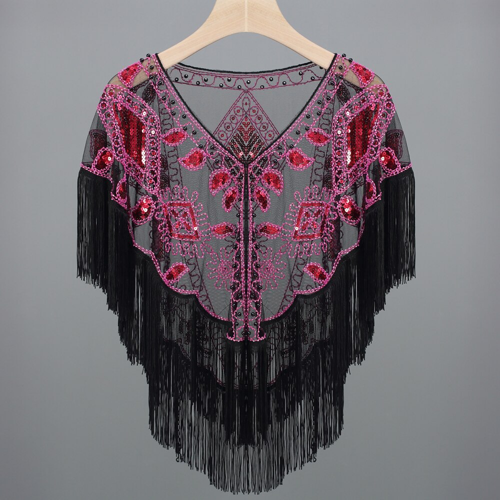 Vrouwen 1920 S Lovertjes Sjaal Met Kwastjes Kralen Parel Fringe Sheer Mesh Wraps Gatsby Flapper Bolero Cape Cover Up: black fushia