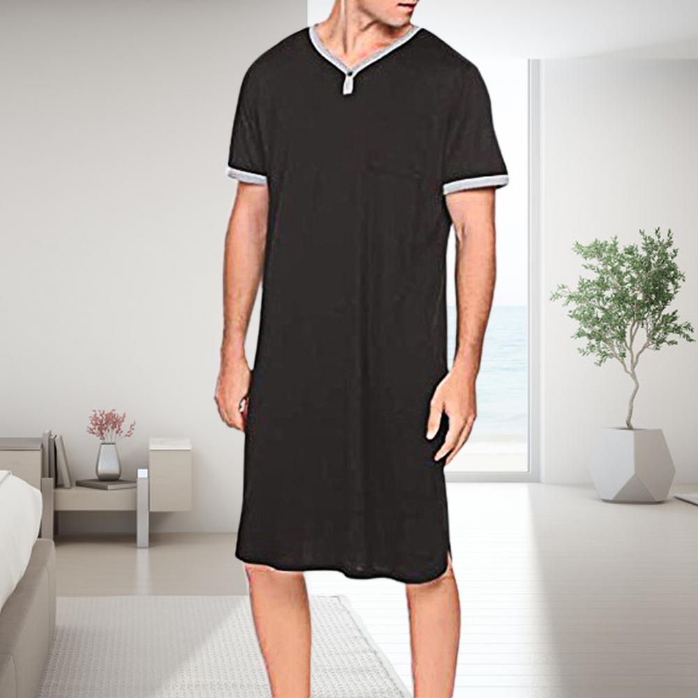 Mannen Slaap Gewaden Korte Mouw O Hals Pocket Nachthemd Zachte Losse Knielange Nachtjapon Homewear Heren Badjassen