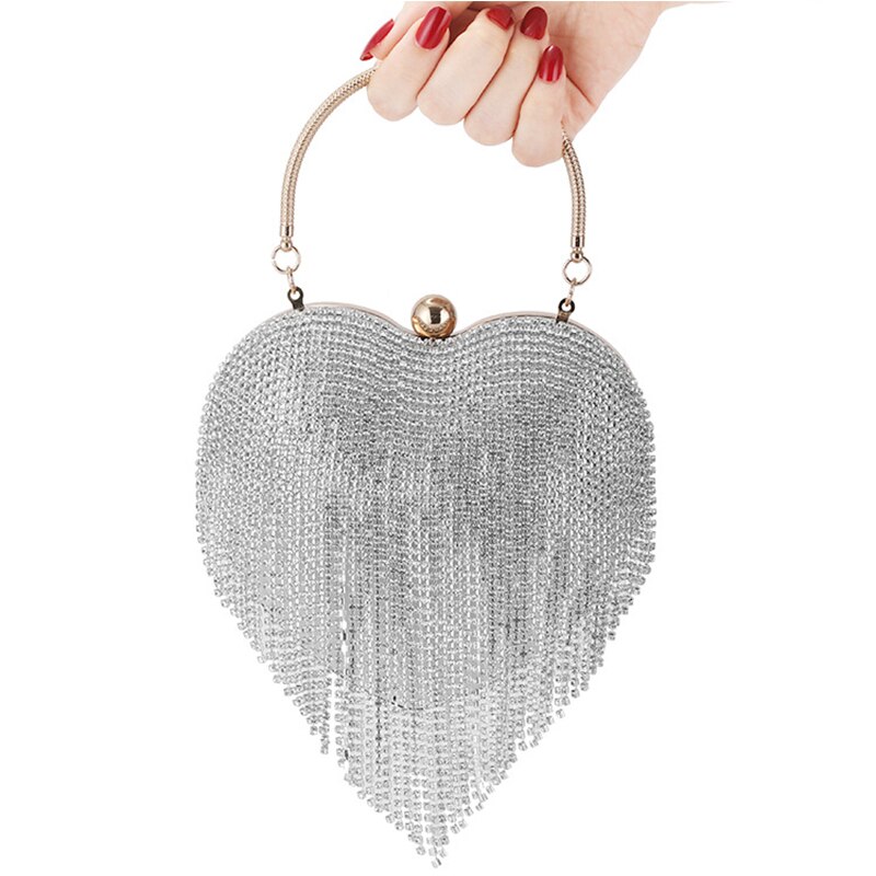 Luxury Diamond Evening Clutch Bags For Women Silver Diamond Tassels Clutch Bag Ladies Handmade Heart Bag Wedding Shiny Bag