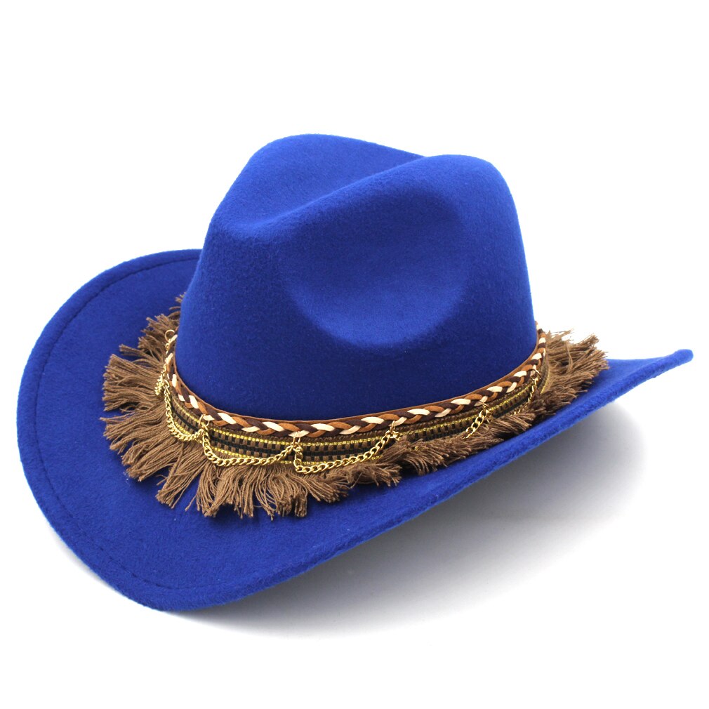 Mistdawn-sombrero vaquero occidental para mujer, gorra de disfraz de vaquera, visera ancha de lana, banda trenzada, talla 56-58cm, BBG: Blue