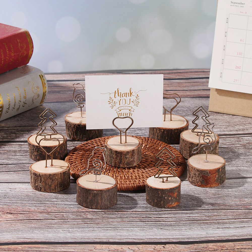 2PCs Wooden Photo Stand Memo Name Cards Holder Retro Wood Bark Cartoon Clips DIY Photo Iron Clip Wedding Party Christmas Decor