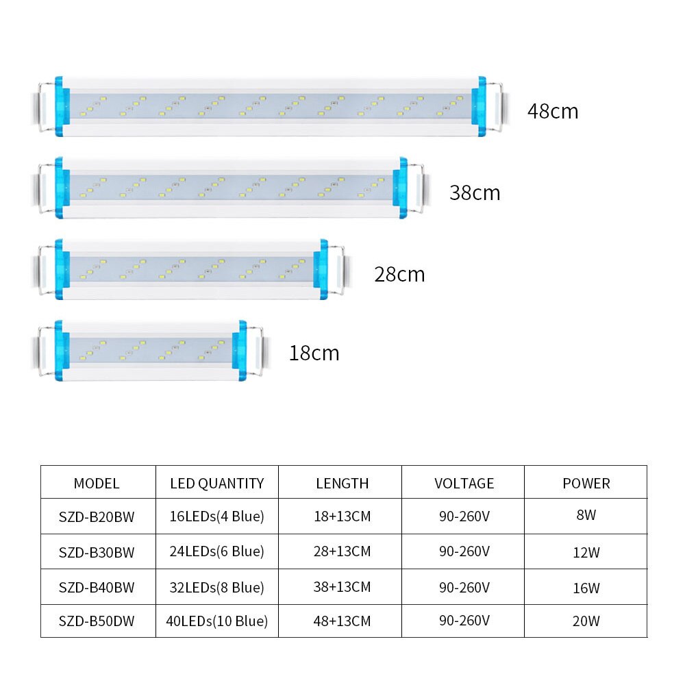 Aquarium Lighting Aquatic Plant Light Super Slim Blue LEDs 18-48CM Waterproof Clip On Lamp For Fish Tank Plant Grow Lighting